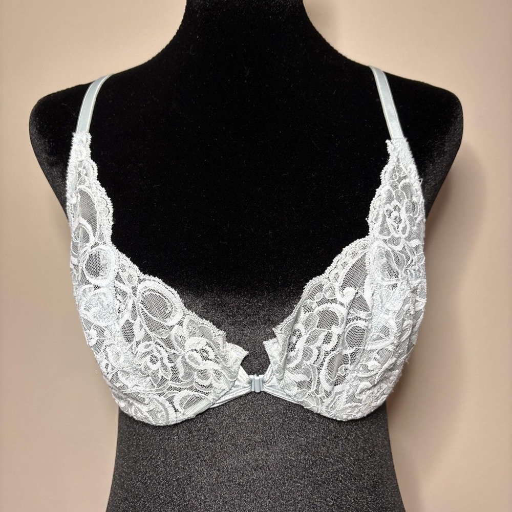 VTG Christian Dior Intimates Sheer Lace Front Close Icy Blue Bra 34C Style 4380